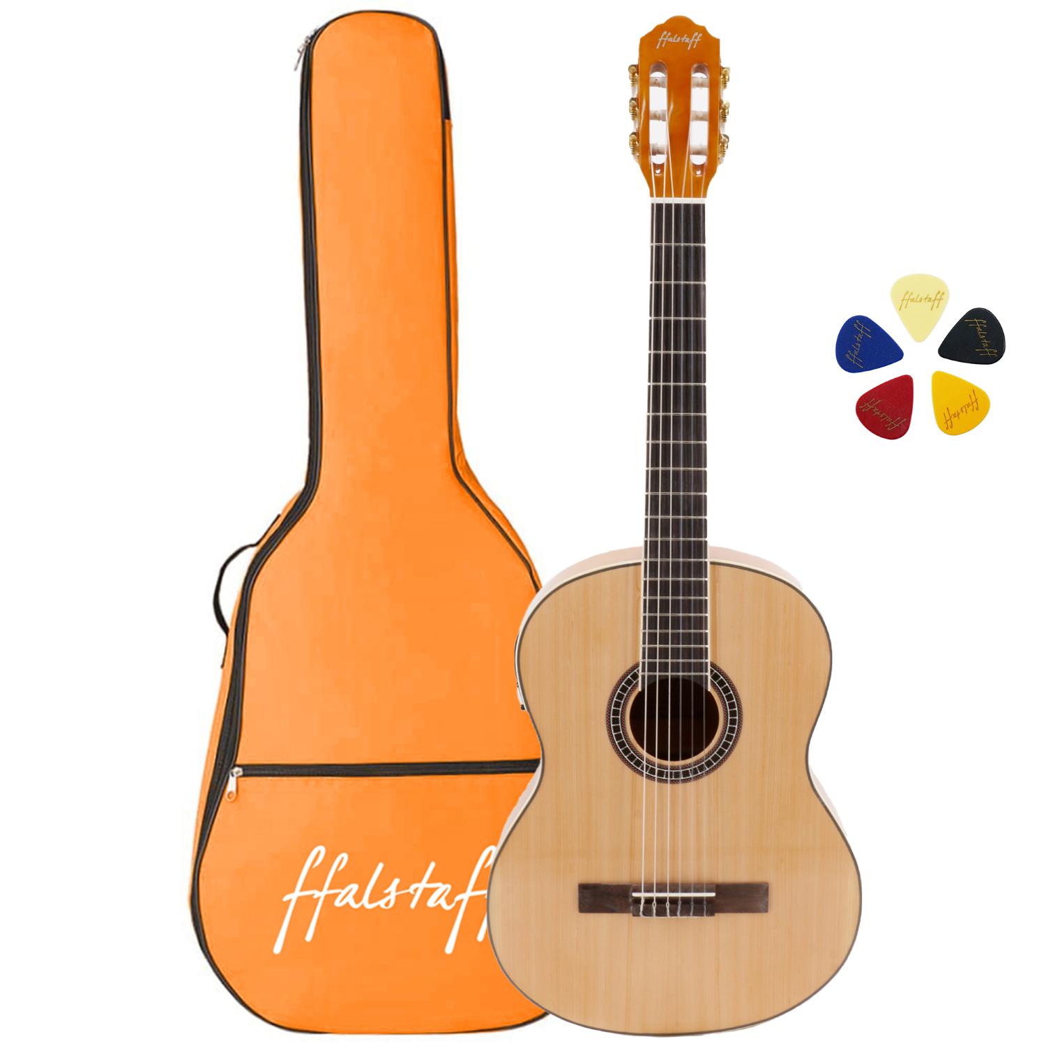 Chitarra Classica Elettrificata ffalstaff Modello C40-EQ con Tastiera e Ponte in Palissandro, Equalizzatore a 5 Bande, Borsa Colorata, Muta Corde di Ricambio e 5 Plettri
