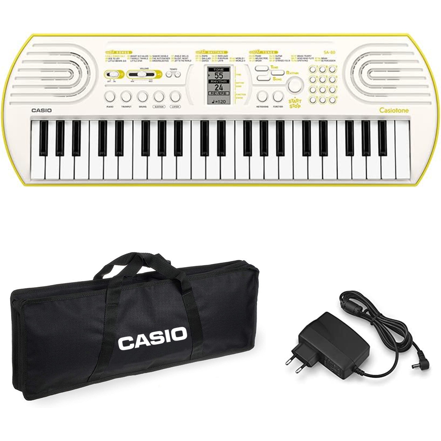 Kit Tastiera Casio SA80 (Fondo Verde) con Alimentatore, Borsa di Qualità e E-book "Suona la Tastiera" (SA80+ Borsa CASIO + Alimentatore CASIO)