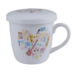 Tazza Bianca in ceramica tema musicale e coperchio