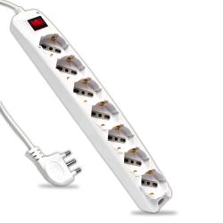 Multipresa con Cavo 1,5 m e 7x Prese Bipasso/Schuko 10/16A, Spina 16A e Interruttore Colore Bianco