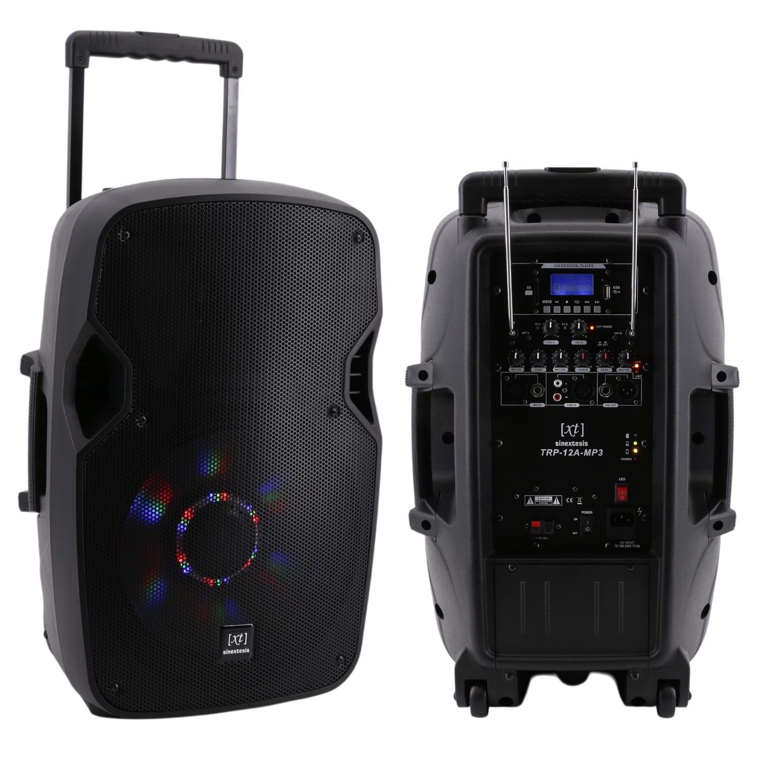 SINEXTESIS Diffusore Trolley 400W Ricaricabile Woofer da 12' con sistema LED, Display LCD, Player Mp3 (USB/SD), Radio FM, Caricatore USB, Telecomando, 2 Radiomicrofoni, Echo e TalkBack
