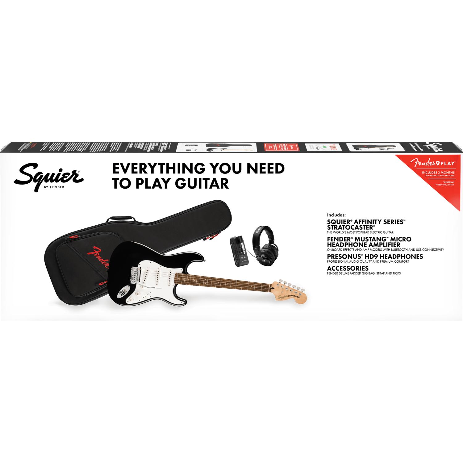 FENDER Squier Affinity Stratocaster -  Mustang Micro Pack (Chitarra + Ampli per cuffie + Cuffie + Borsa + Abbonamento per 3 mesi a Fender Play)