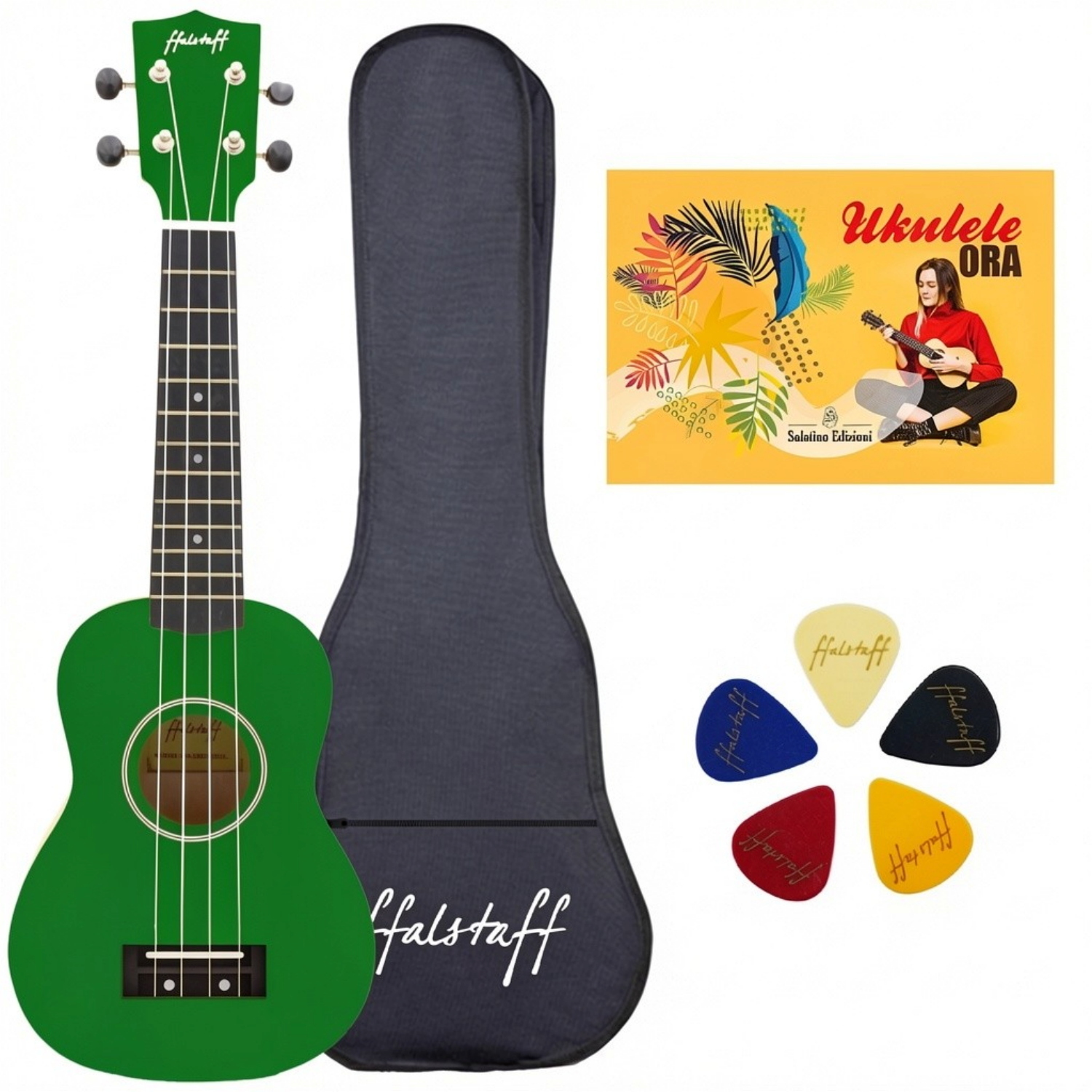 ffalstaff Ukulele Soprano 21" Superior Satinato con borsa, metodo rapido e kit 5 plettri (Verde)