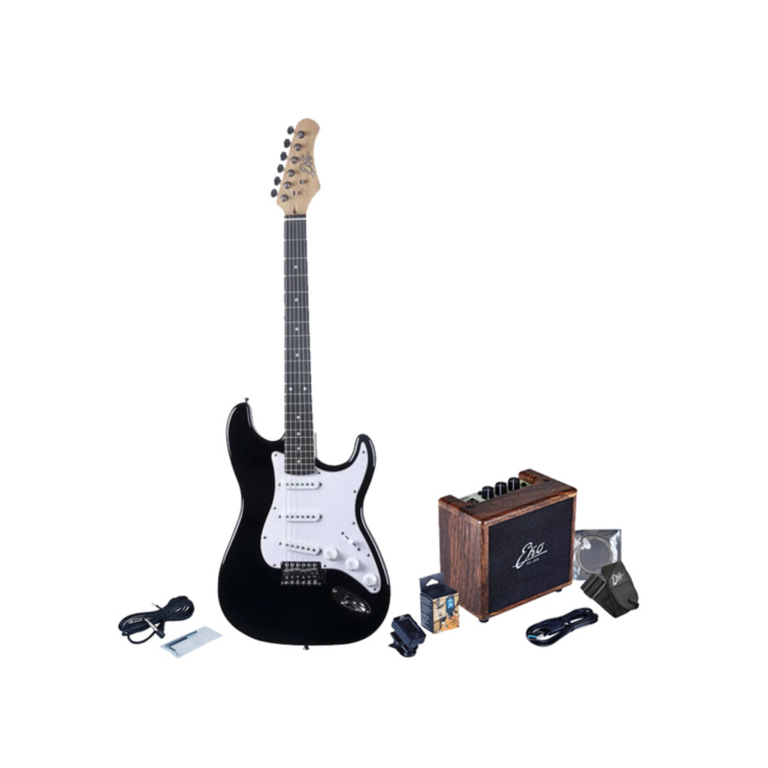 EKO PACK Chitarra Elettrica ST-100 con Amplificatore, Tracolla, Accordatore, Cavo e Corde (Nero)